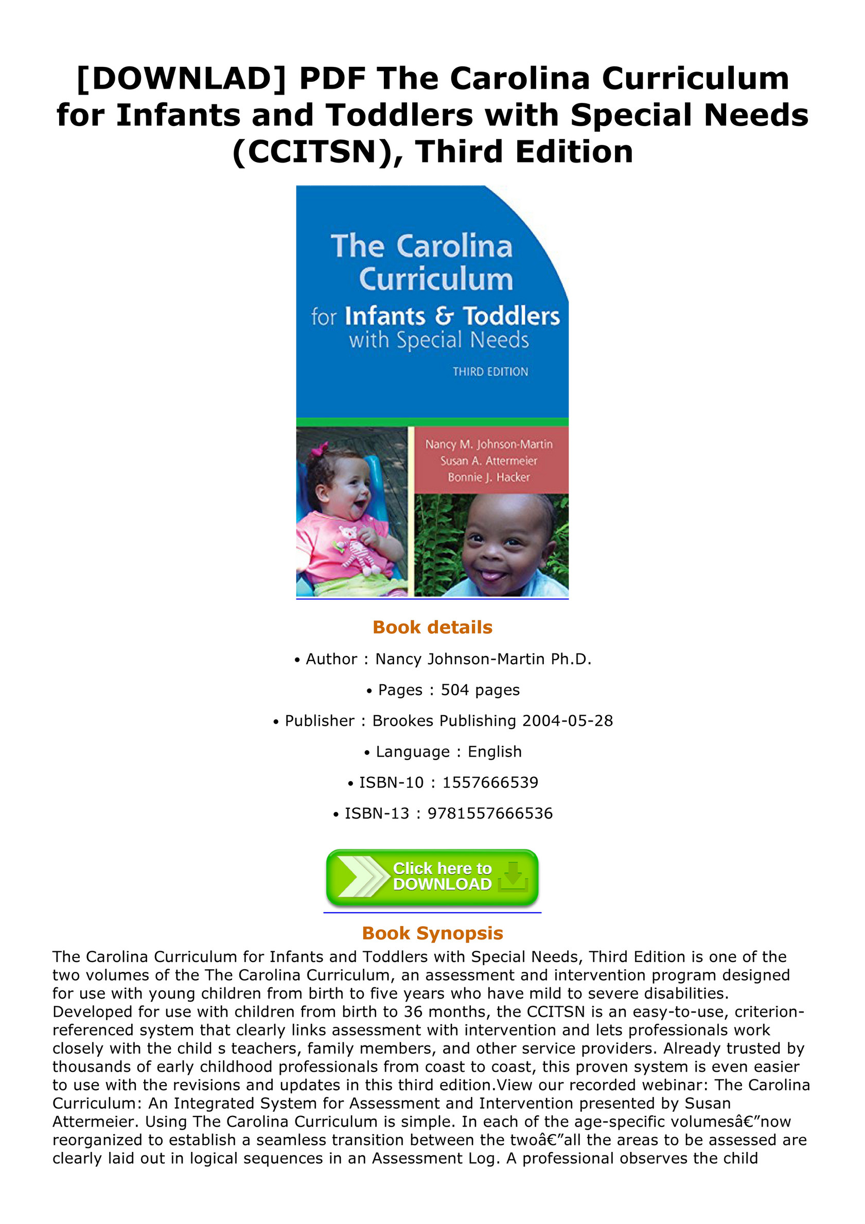 Ceja Downlad Pdf The Carolina Curriculum For Infants And Toddlers With Special Needs Ccitsn Third Edition Page 1 Created With Publitas Com