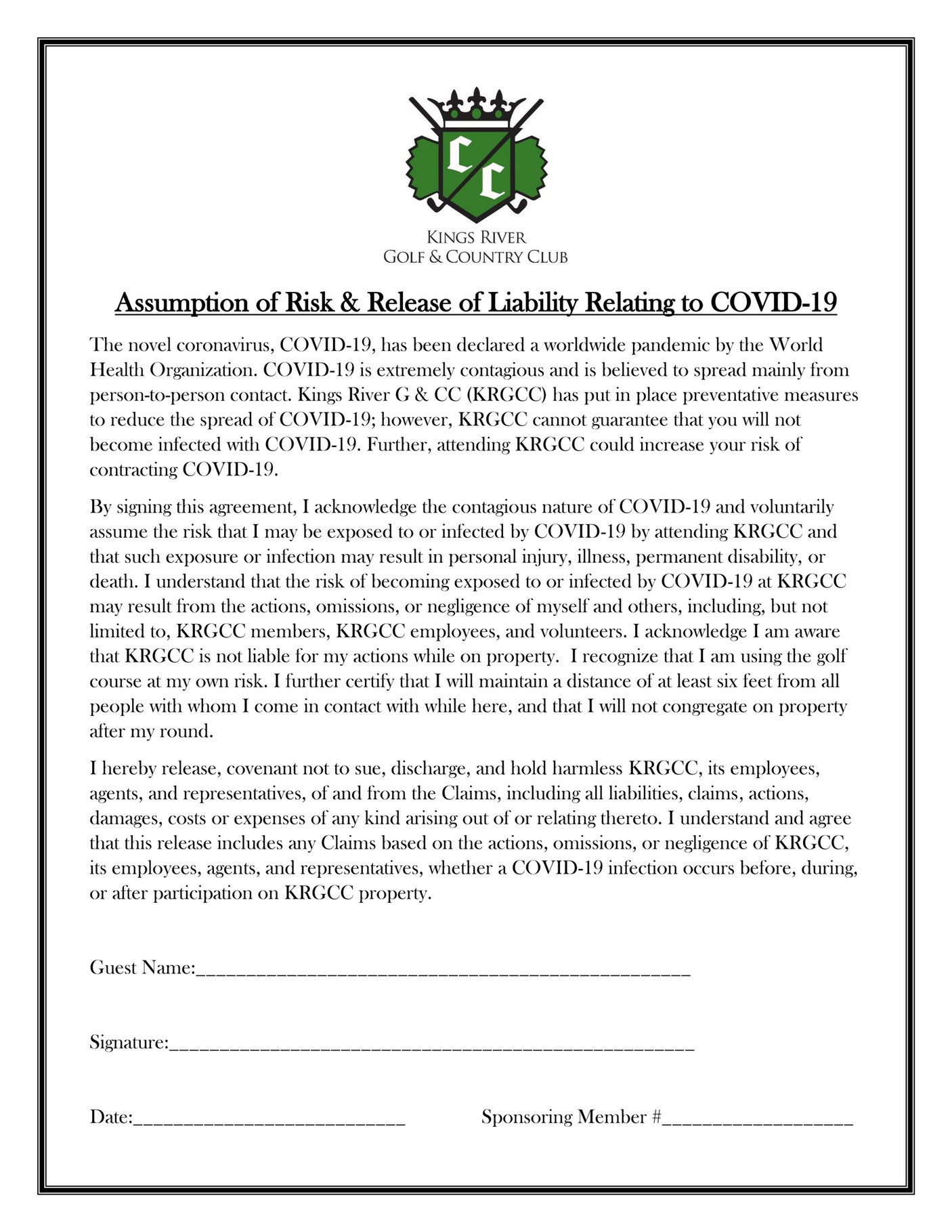 TulareKings Counties Youth For Christ COVID19 Guest Waiver Page 1