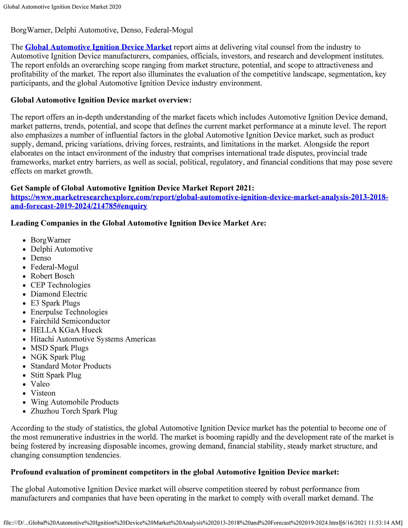 Market Research Explore Global Automotive Ignition Device Market 2021 Current Trends and