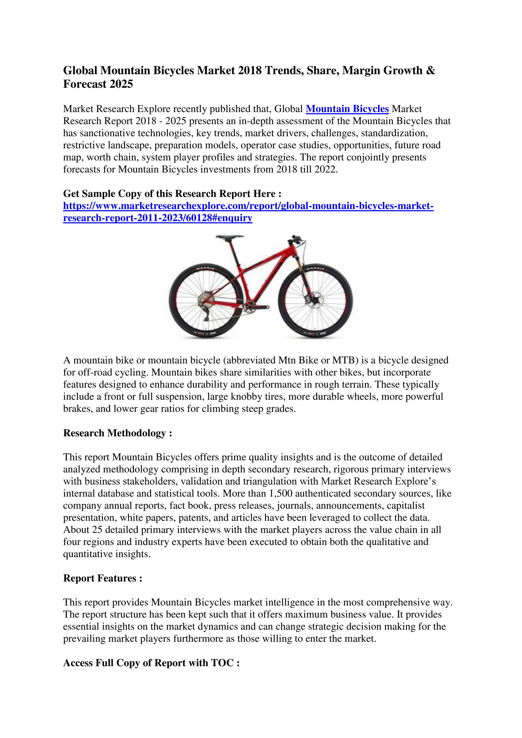 Market Research Explore - Global Mountain Bicycles Market 2018 