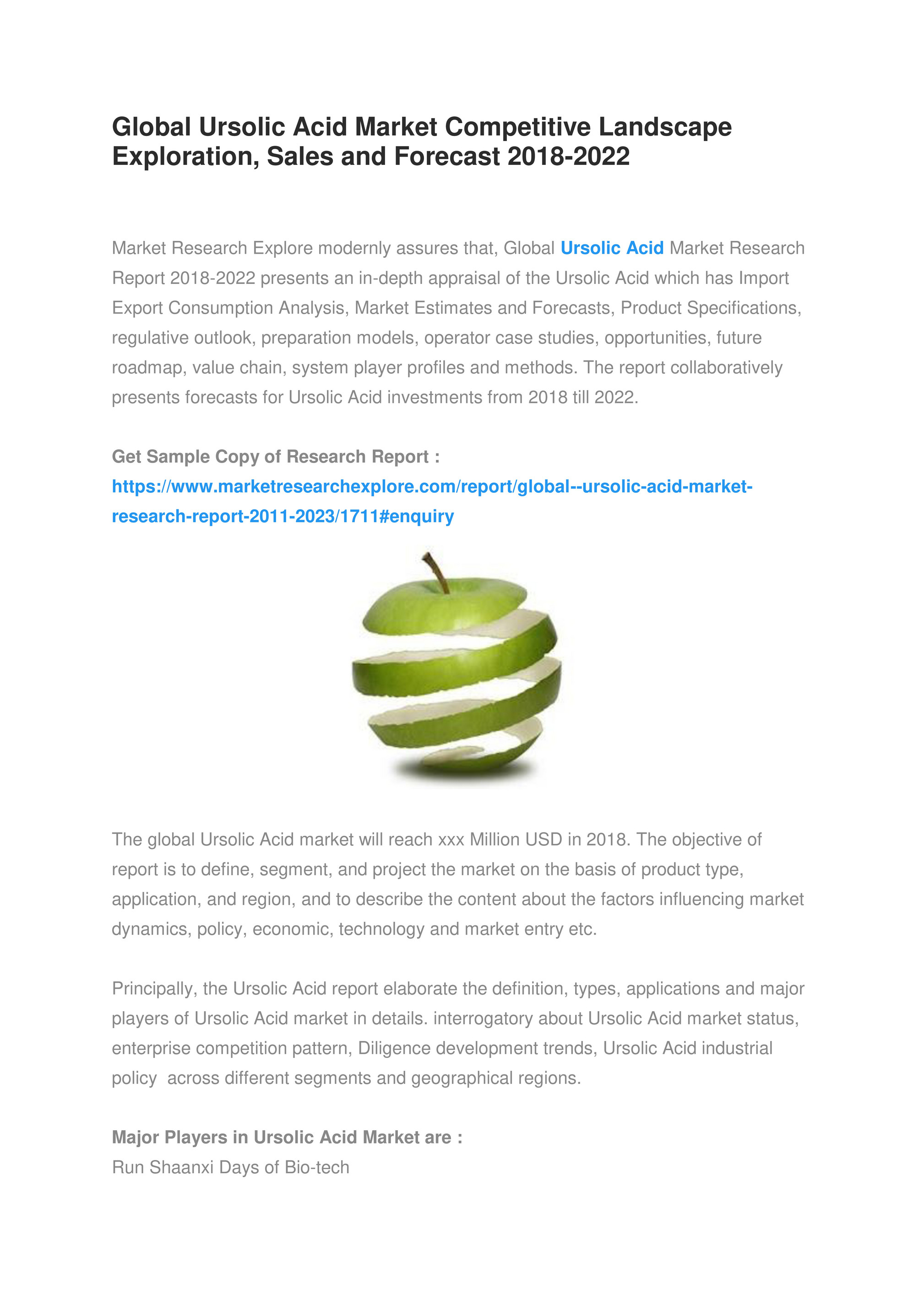 Market Research Explore Global Ursolic Acid Market Competitive Landscape Exploration Sales And Forecast 2018 2022 Page 1 Created With Publitas Com Appraisal Trends 2022