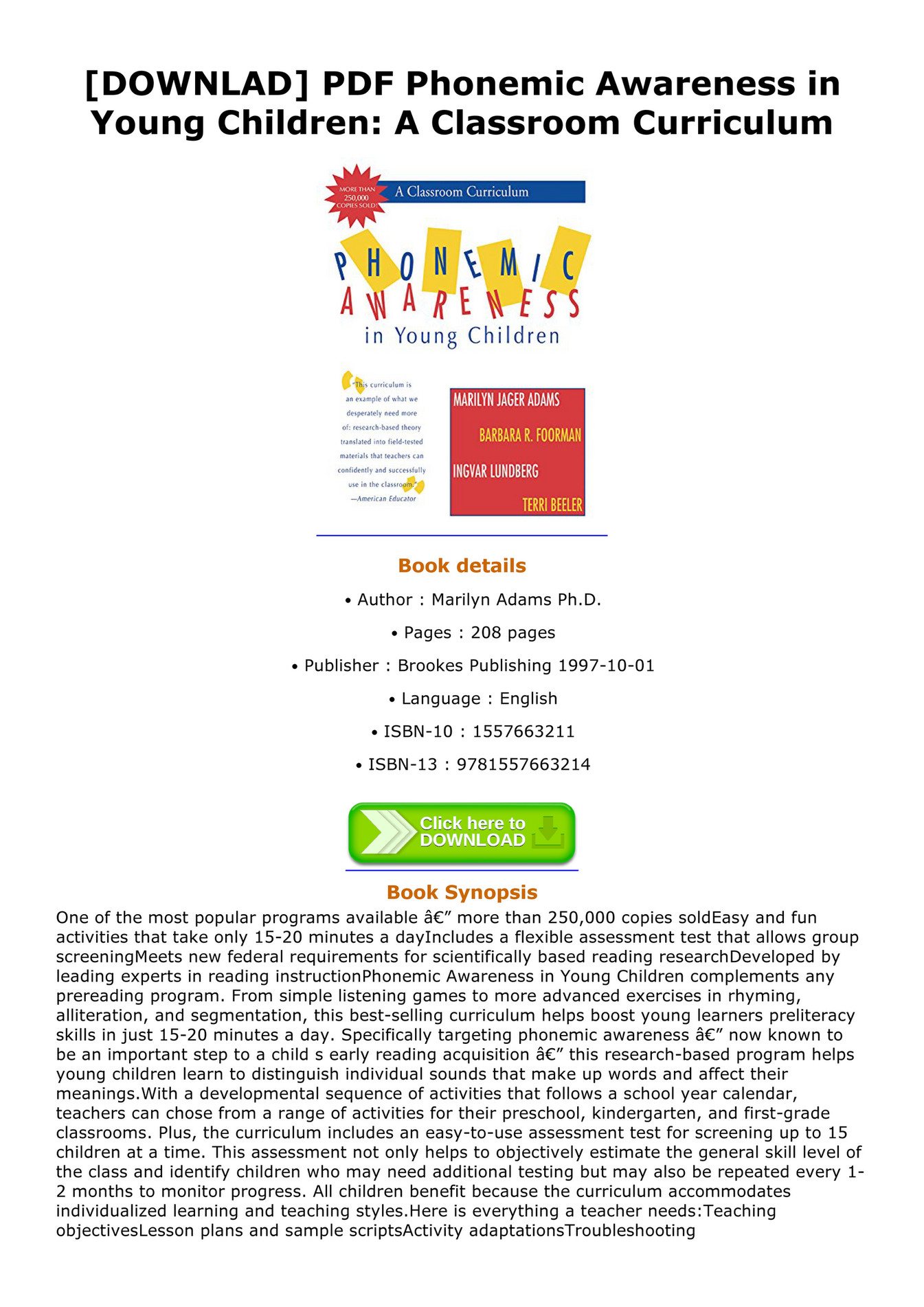Phonemic Awareness in Young Children A Classroom Curriculum