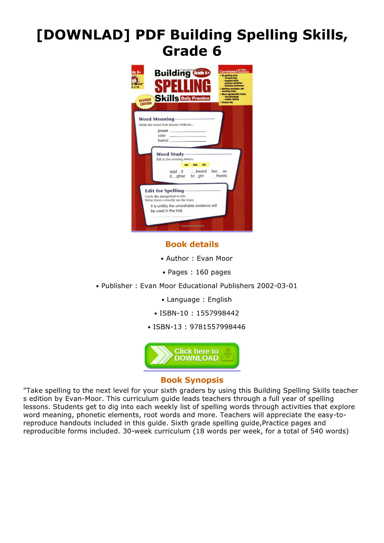 Caleb - DOWNLAD PDF Building Spelling Skills Grade 6 - Page 1 - Created ...