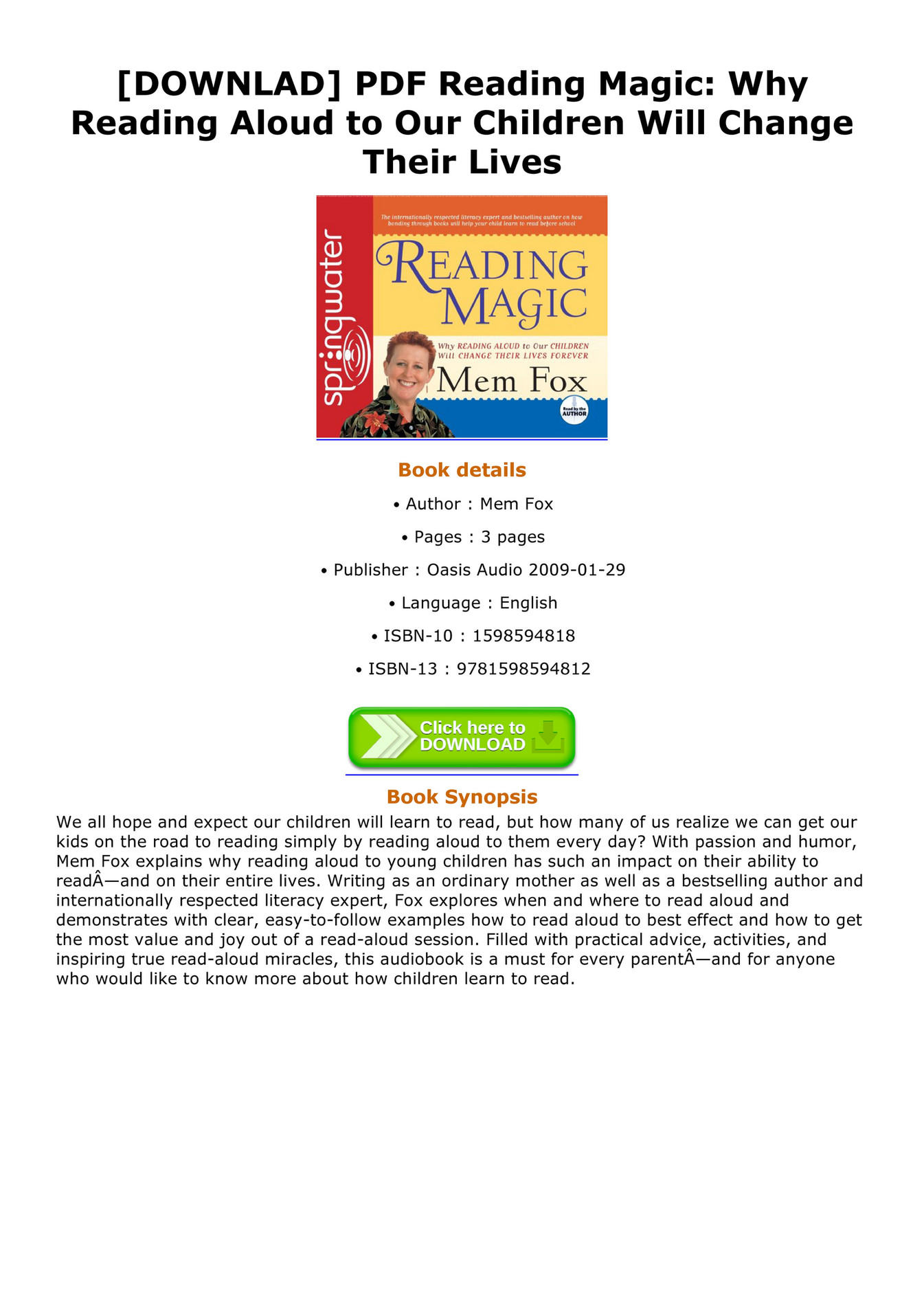 Horacio - DOWNLAD PDF Reading Magic Why Reading Aloud to Our Children ...