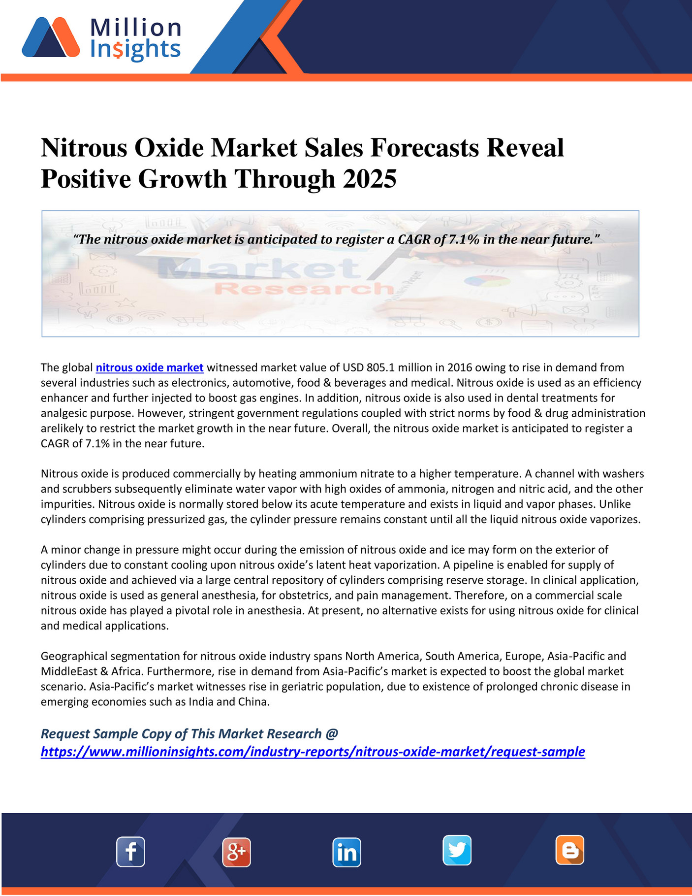 Million Insights Nitrous Oxide Market Sales Forecasts Reveal Positive