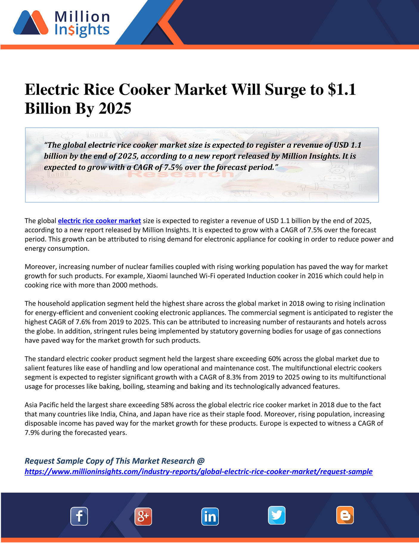 Million Insights Electric Rice Cooker Market Will Surge to 1.1