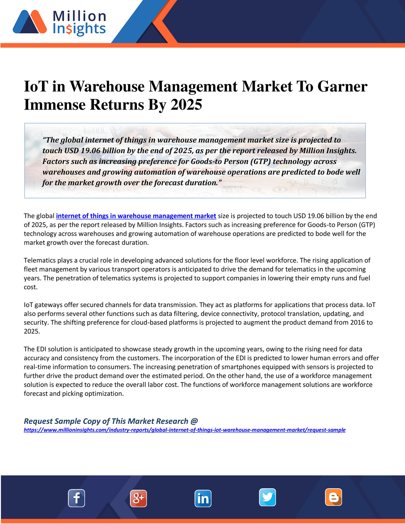 Million Insights IoT in Warehouse Management Market To Garner Immense