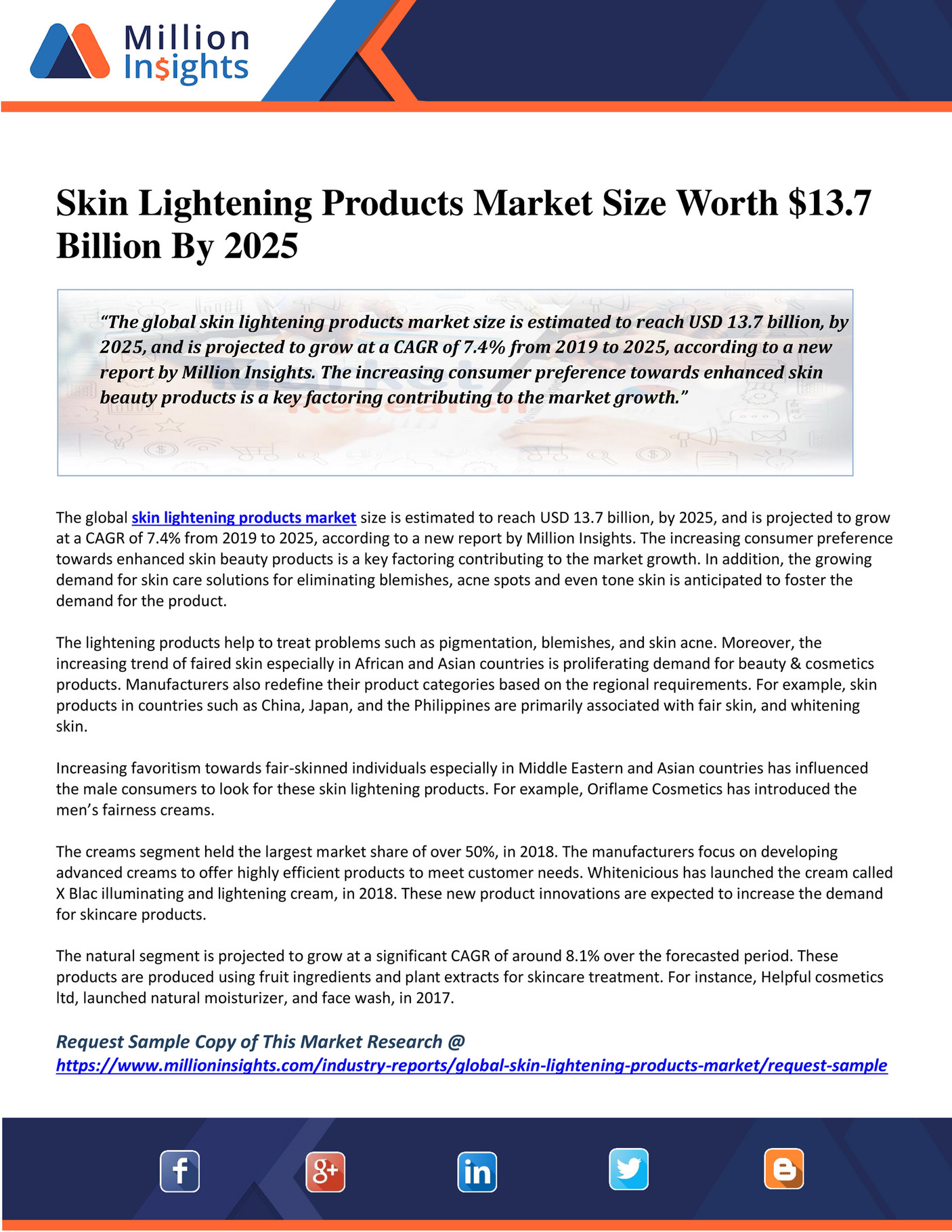 Million Insights Skin Lightening Products Market Size Worth 13.7