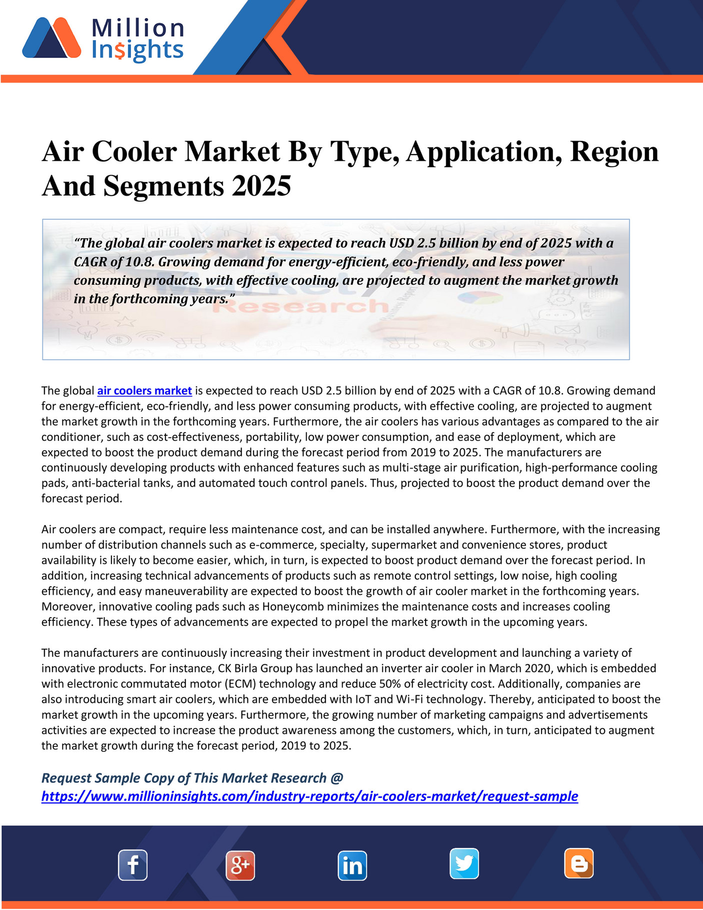 Million Insights Air Cooler Market By Type, Application, Region And