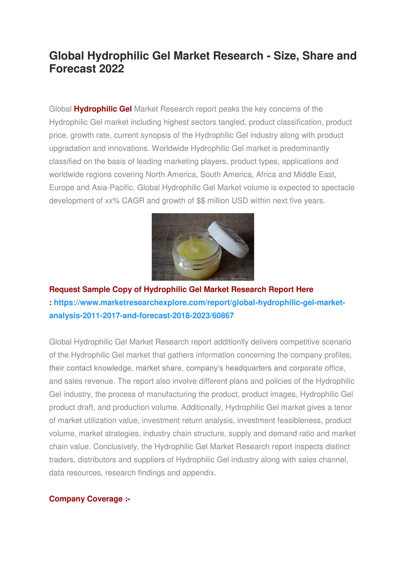 MRE Global Hydrophilic Gel Market Research Size, Share and Forecast