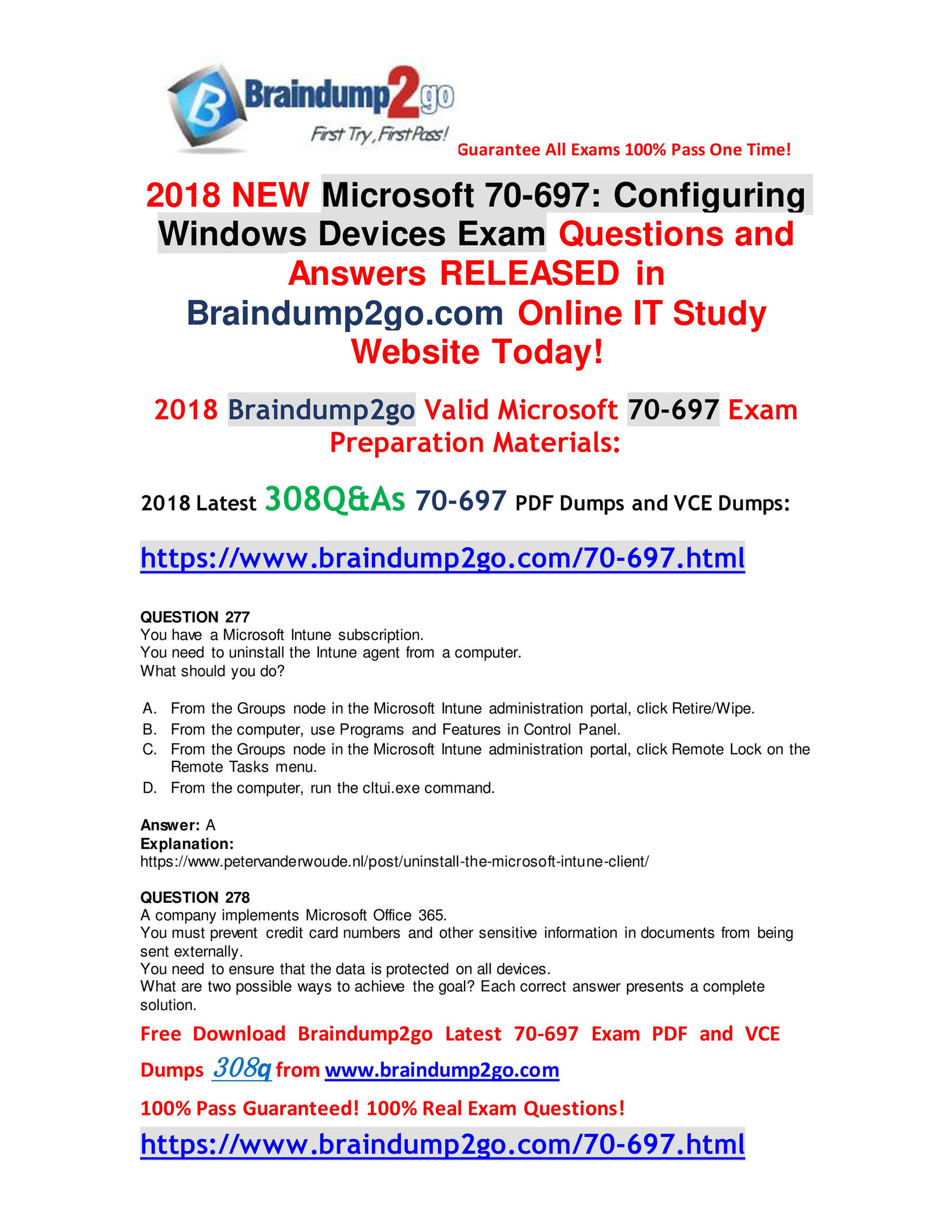 My publications - [Full-Version]Braindump2go 2018 Latest 70-697 Dumps PDF  308Q Free Share(277-287) - Page 1 - Created with Publitas.com