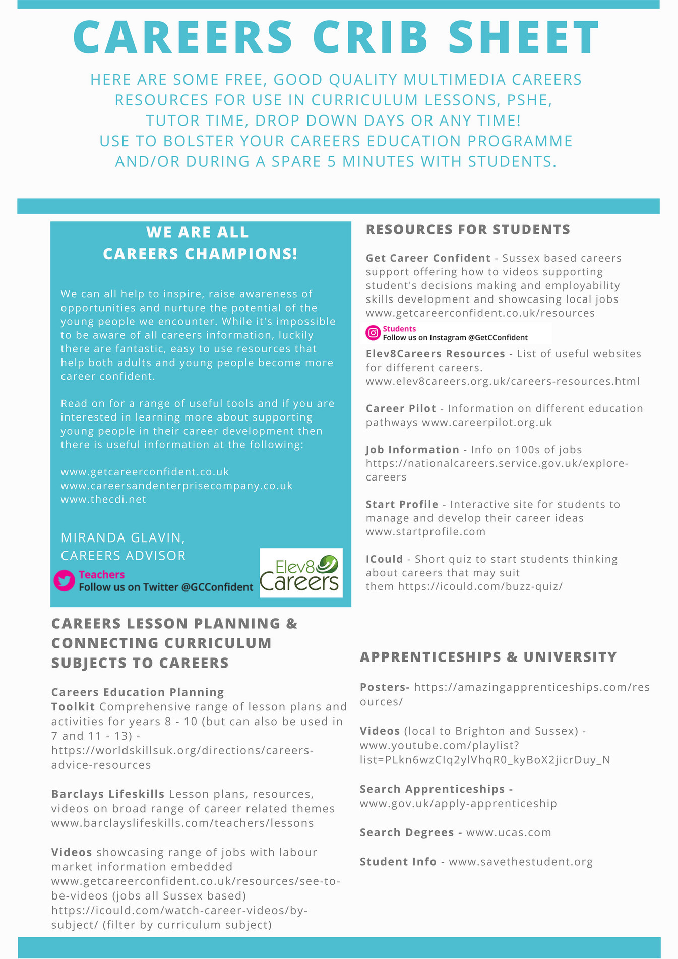 CXK Careers Crib Sheet for Teachers Page 1 Created with