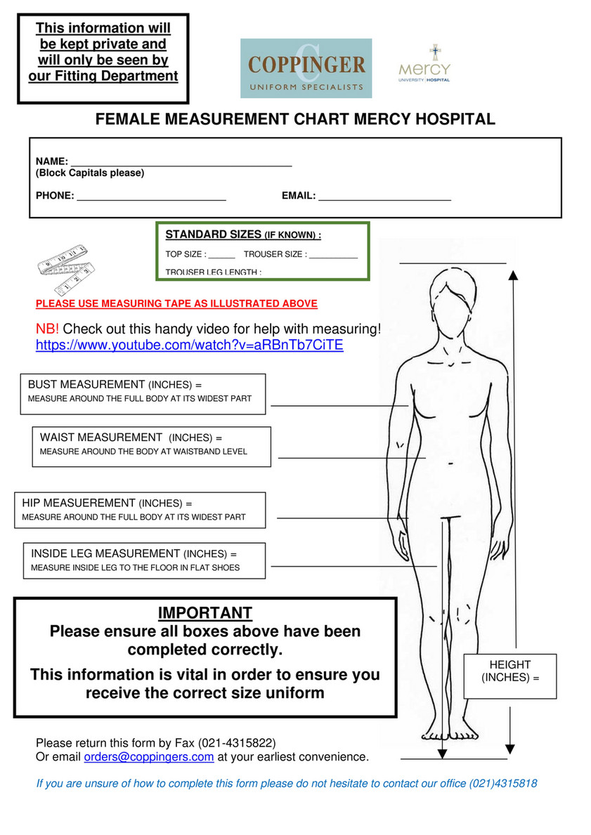 Mary Coppinger Limited Mercy Hospital Nursing Coppinger Measurement Chart Female Page 1