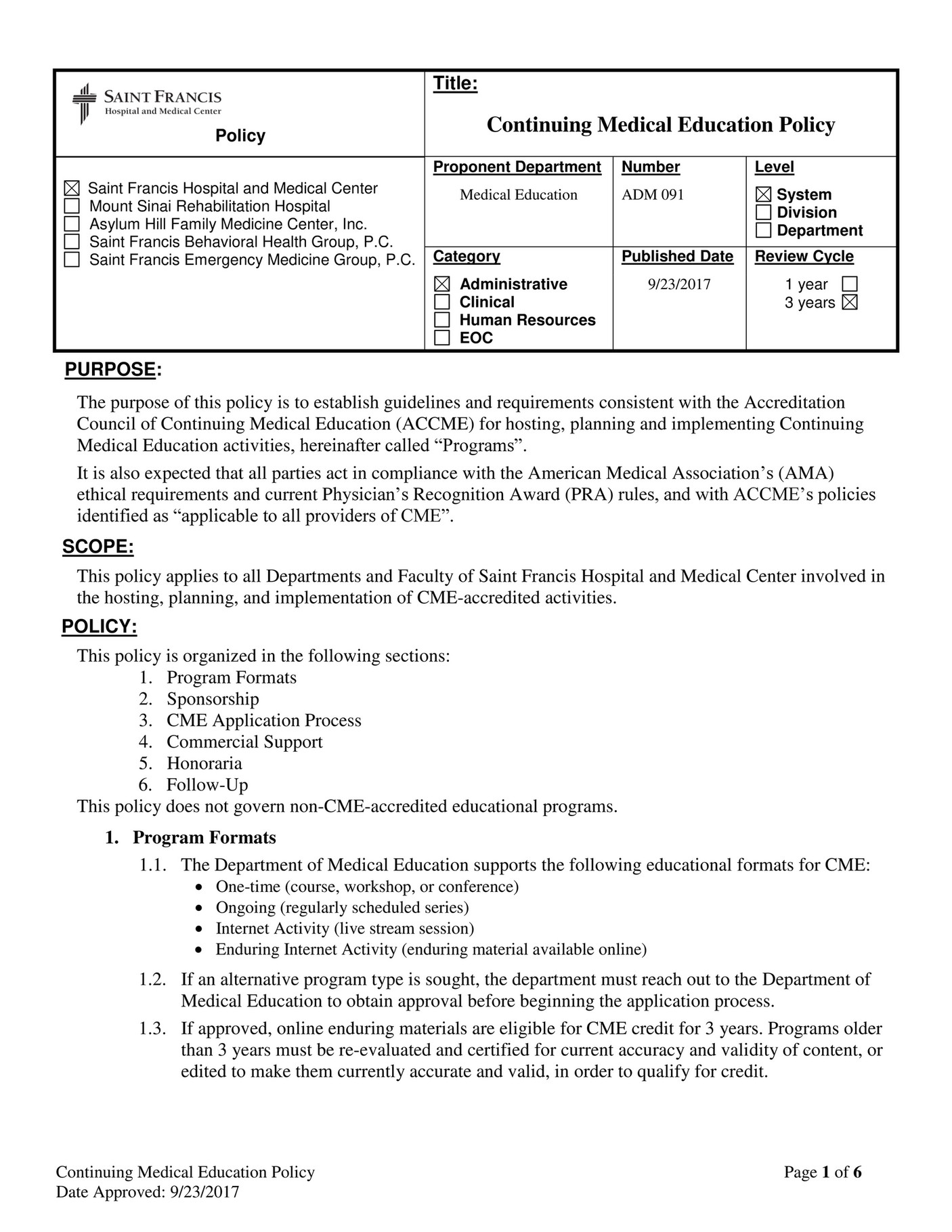 Saint Francis Hospital and Medical Center - CME Policy - Page 1 