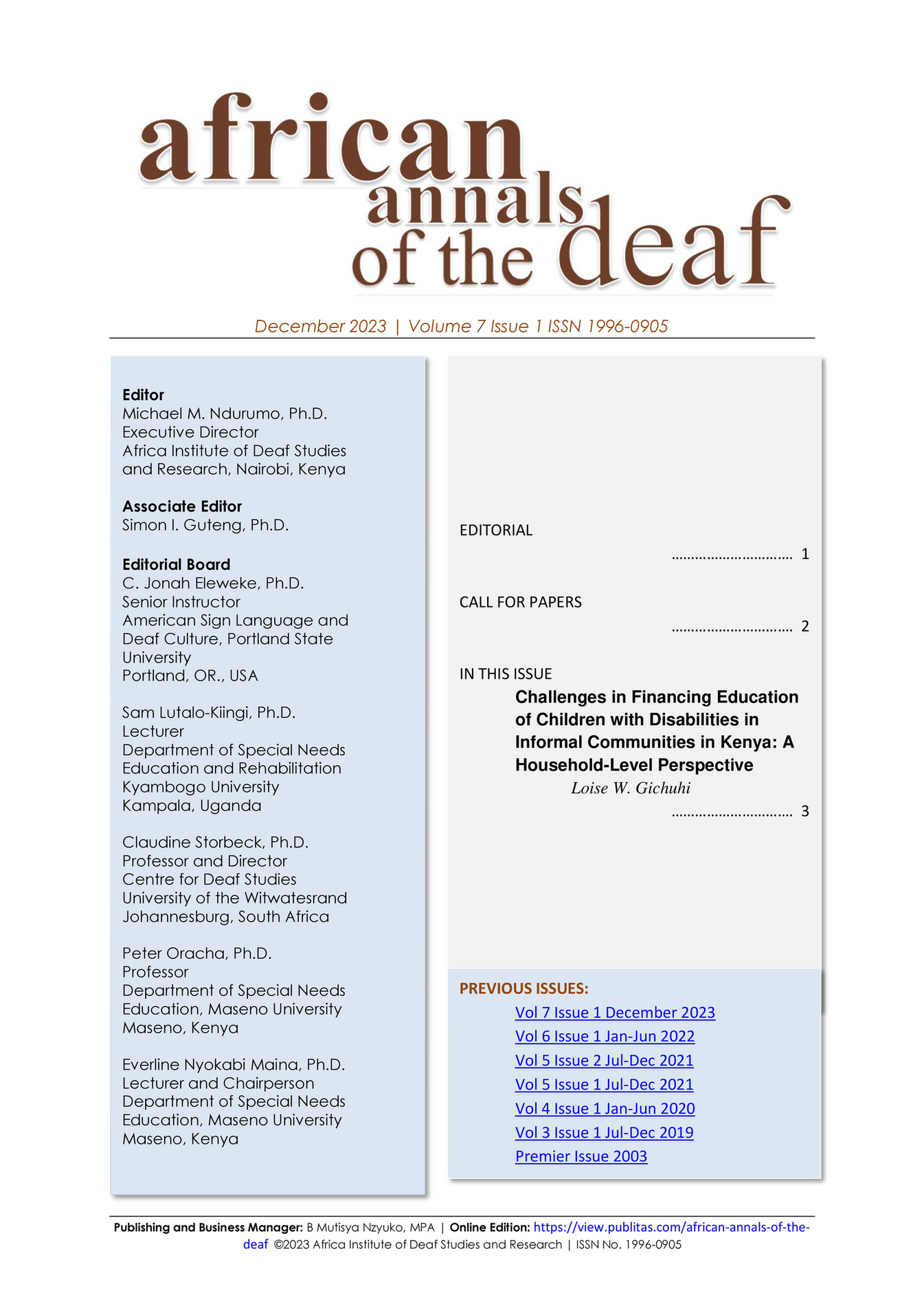 African Annals of the Deaf AFAD Vol 7 Issue 1 December 2023 Page 1