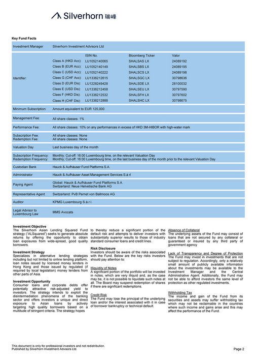 Exceptional Thinking Silverhorn SICAV SIF Asian Lending Squared