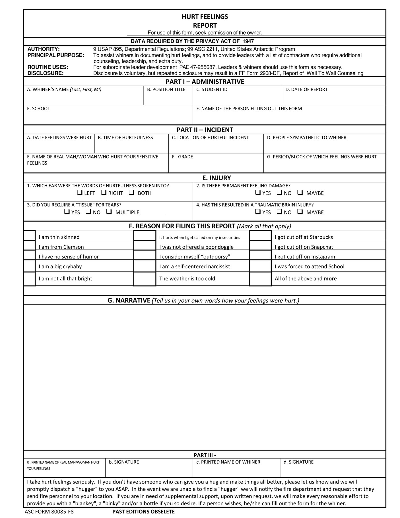 Pdf Hurt Feelings Report Funny Printable - Printable Templates