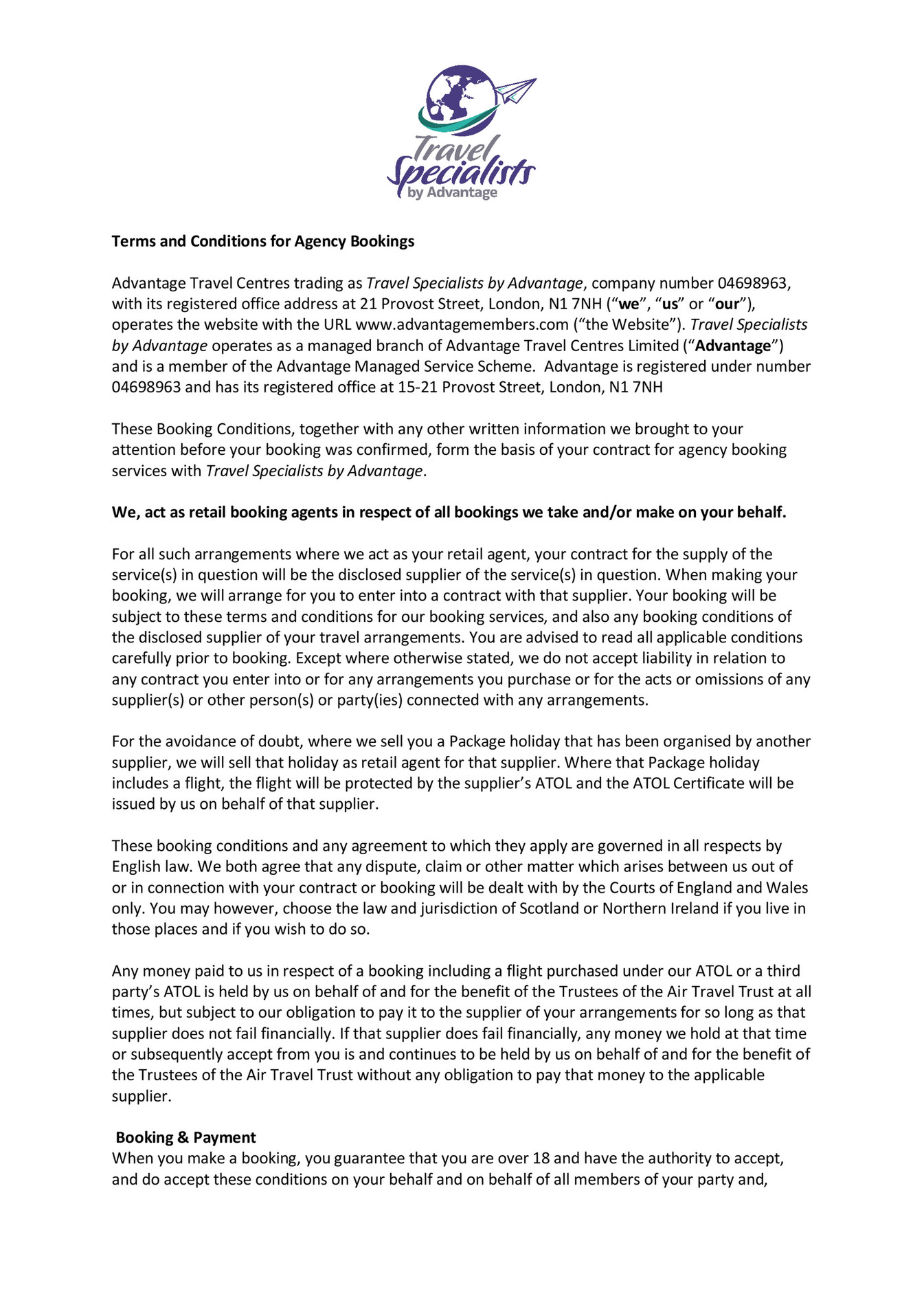 Advantage Travel Partnership Travel Specialists Booking Terms