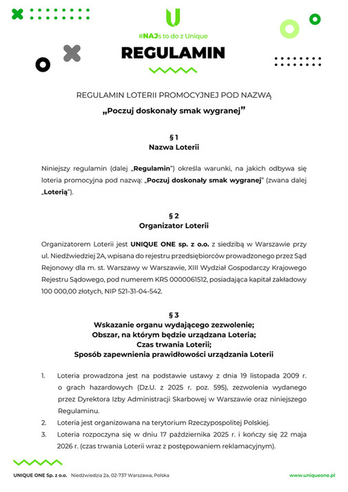 Regulamin loterii Poczuj doskonały smak wygranej