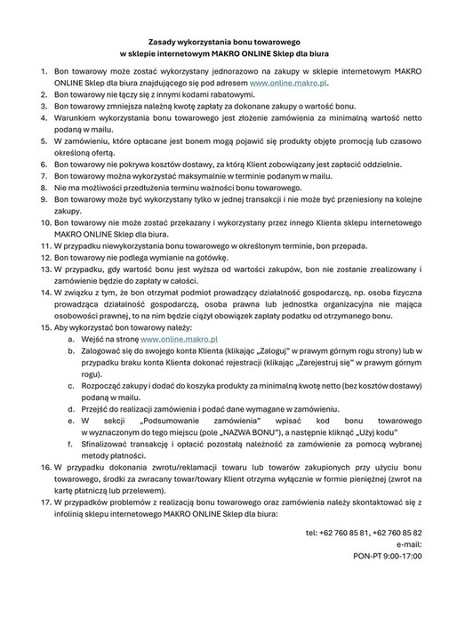 Zasady wykorzystania bonu towarowego w sklepie internetowym MAKRO ONLINE Sklep dla biura