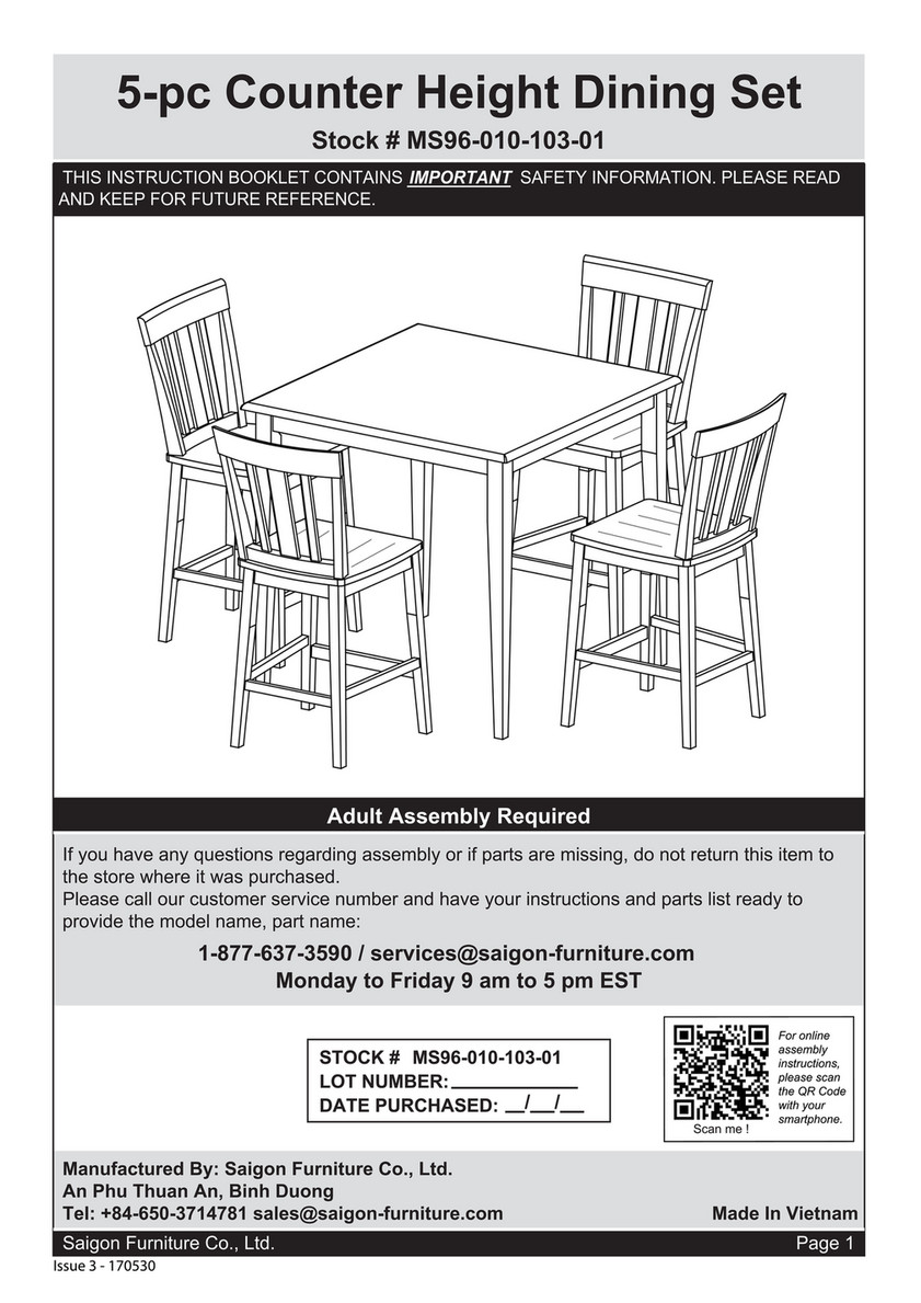 My publications INSTRUCTION MANUAL FOR MS96 010 103 01 MAINSTAYS 5 PIECE COUNTER HEIGHT DINING SET BLACK COLOR Page 1 Created with Publitas