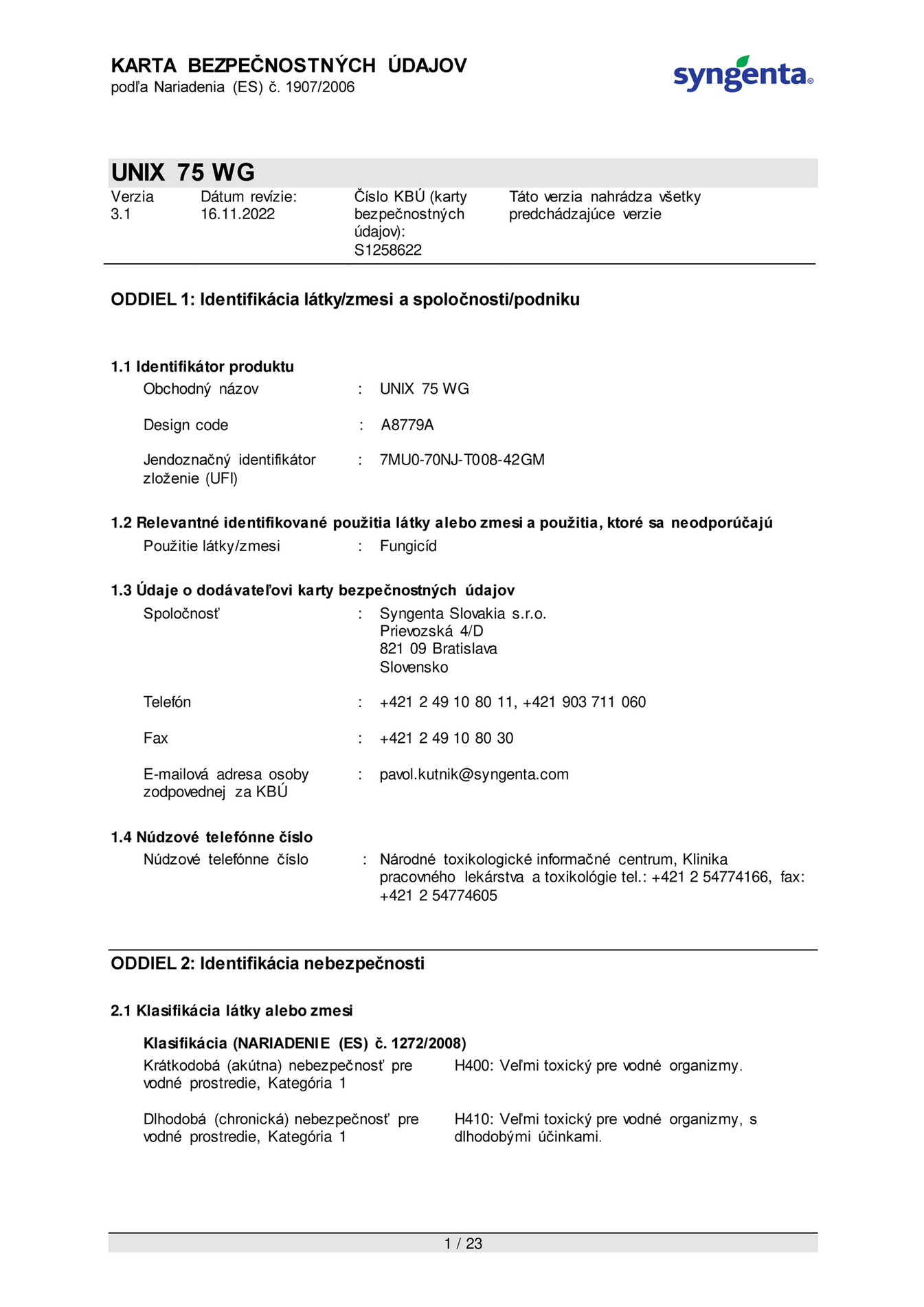 Syngenta msds unix 75 wg 2022 11 16 ufi strana 1