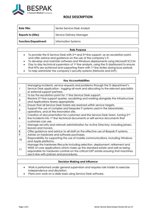 Bespak Senior Service Desk Analyst Page 1 Created With