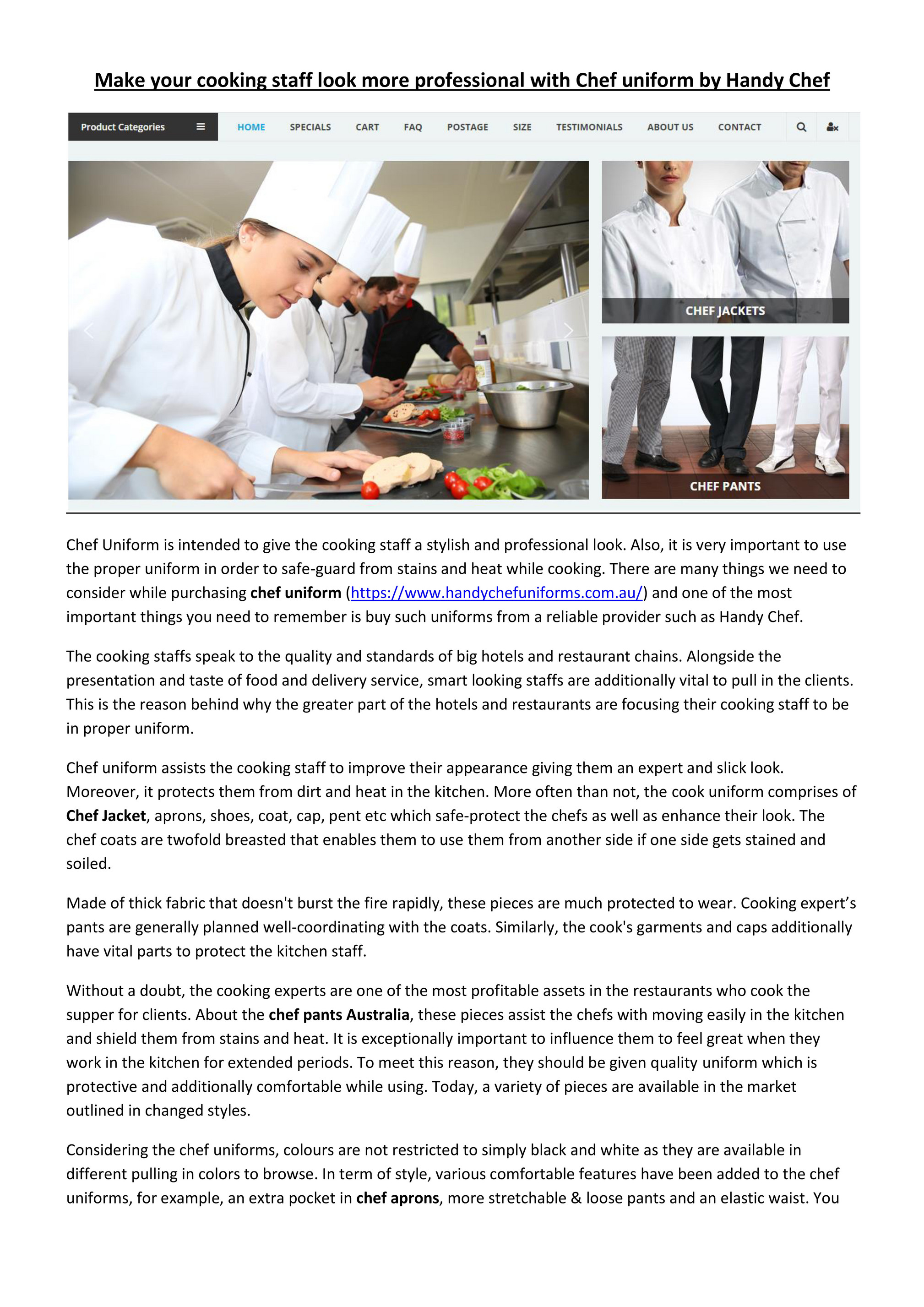 Professional wear for chefs, cooks and kitchen staff