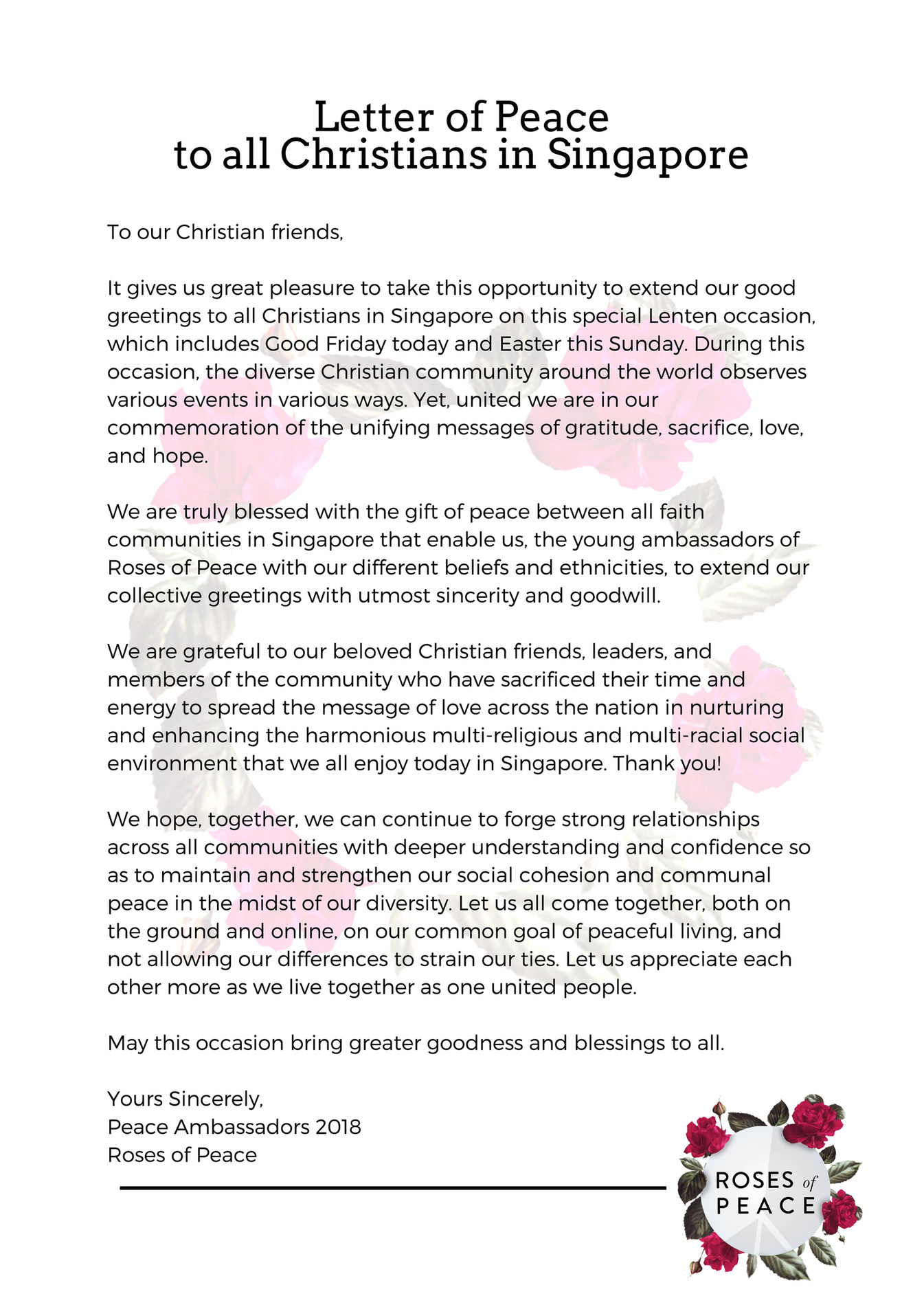 Roses Of Peace Rop Letter Of Peace To All Christians In Singapore Page 1 Created With Publitas Com