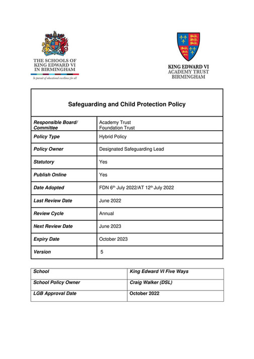 King Edward VI Five Ways Schoo KEFW Safeguarding and Child Protection Policy Page 1