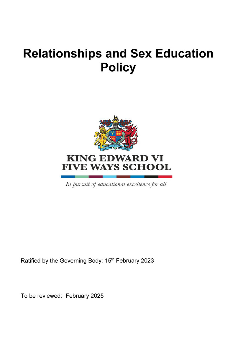 King Edward VI Five Ways Schoo - KEFW Relationships and Sex Education Policy  Jan 2023 - Page 1 - Created with Publitas.com