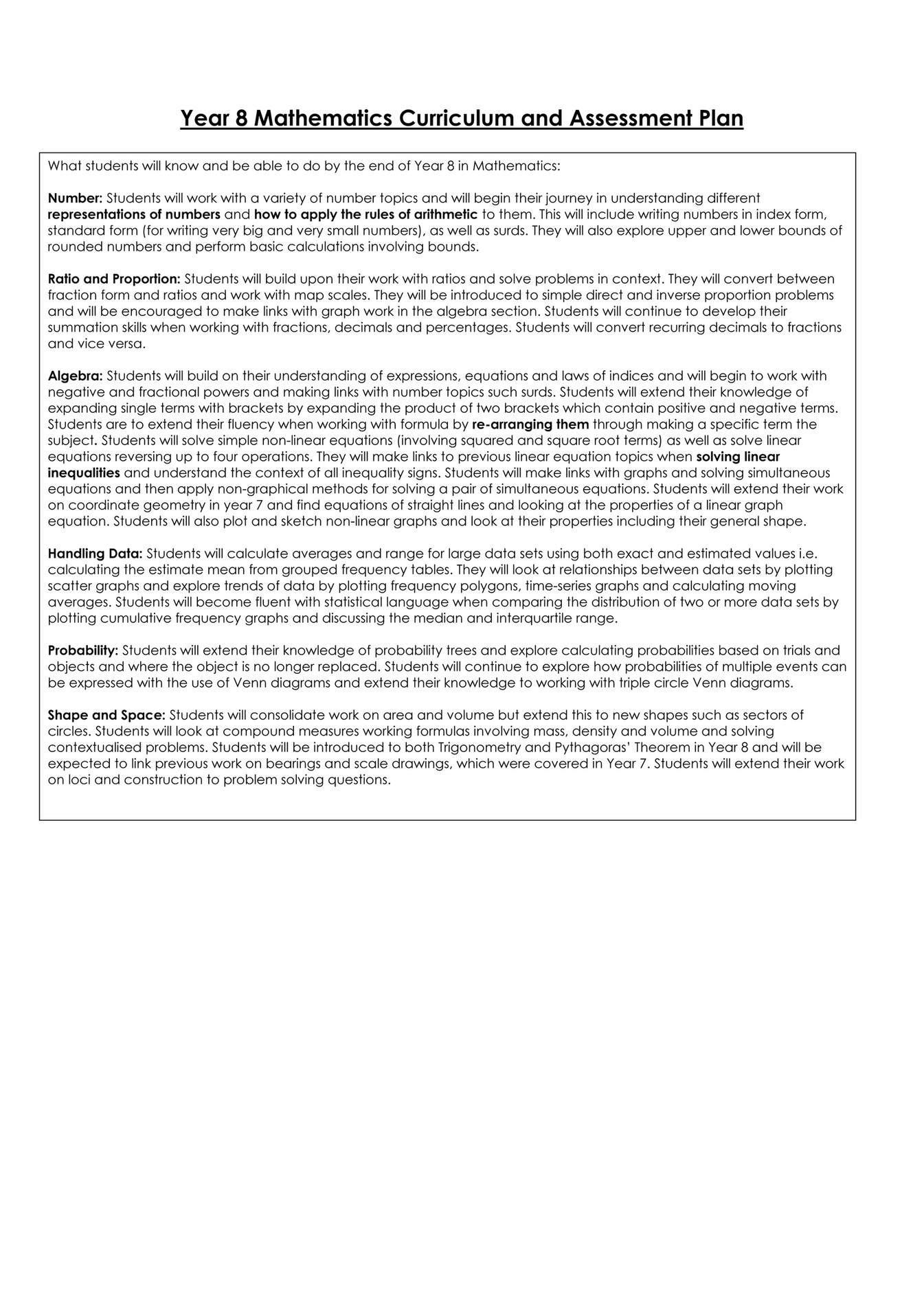 King Edward VI Five Ways Schoo Mathematics Curriculum Intent Year 8