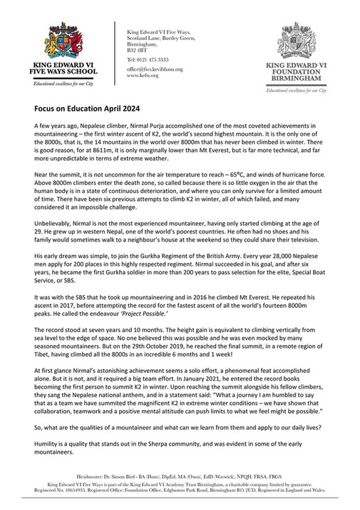 King Edward VI Five Ways Schoo - Focus on Education April 2024 - Page 1 ...