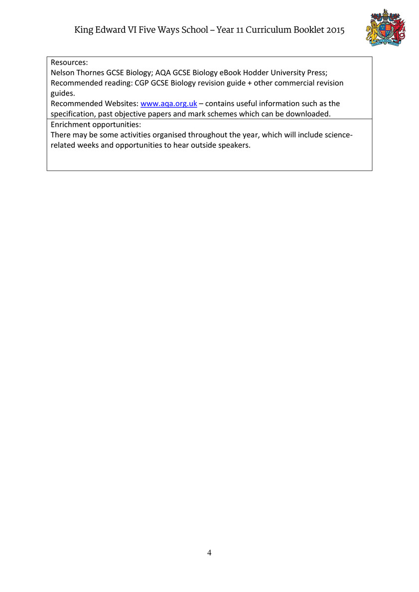 King Edward Vi Five Ways Schoo Year 11 Curriculum Booklet Page