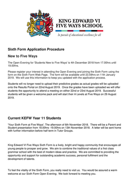 King Edward VI Five Ways School - Sixth Form application procedure oct ...