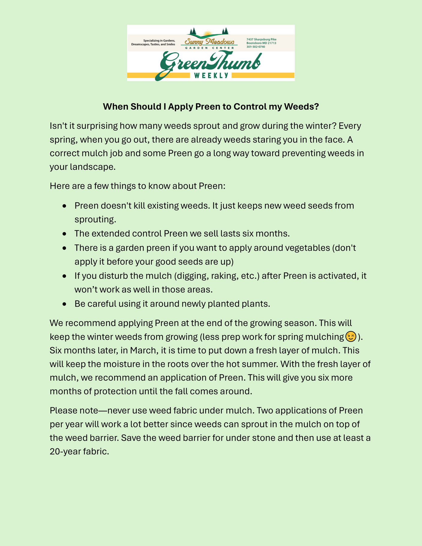 Sunny Meadows Use Preen to Control Weeds Page 1 Created with