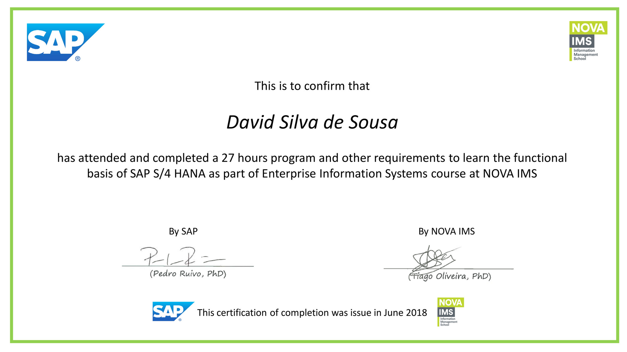 NOVA IMS - Certificate of Completion SAP S4 HANA - Page 1 - Created ...