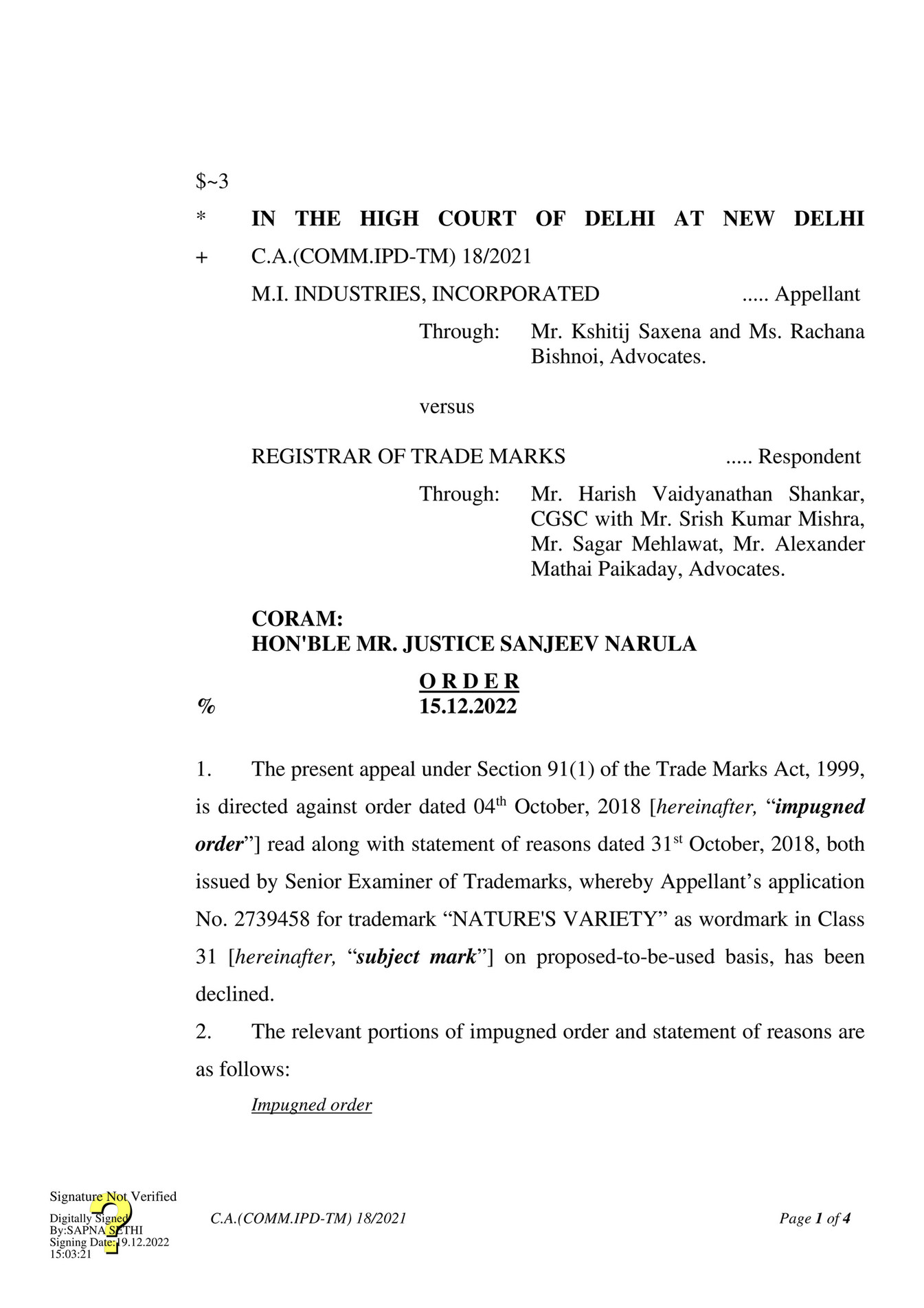 AJAY AMITABH SUMAN - M I Industries Incorporated Vs Registrar of Trade ...