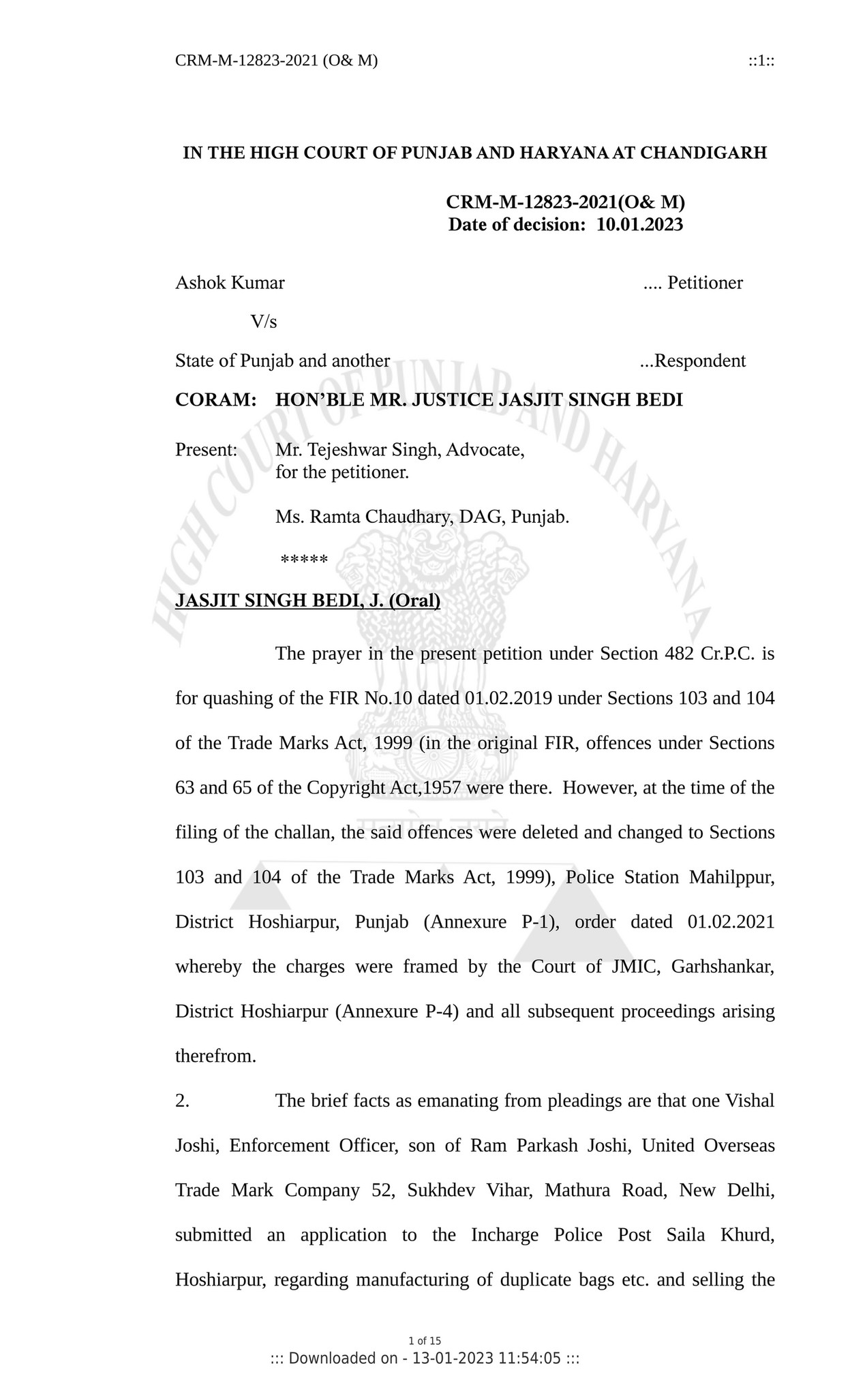 AJAY AMITABH SUMAN Ashok Kumar Vs State of Punjab Page 1 Created