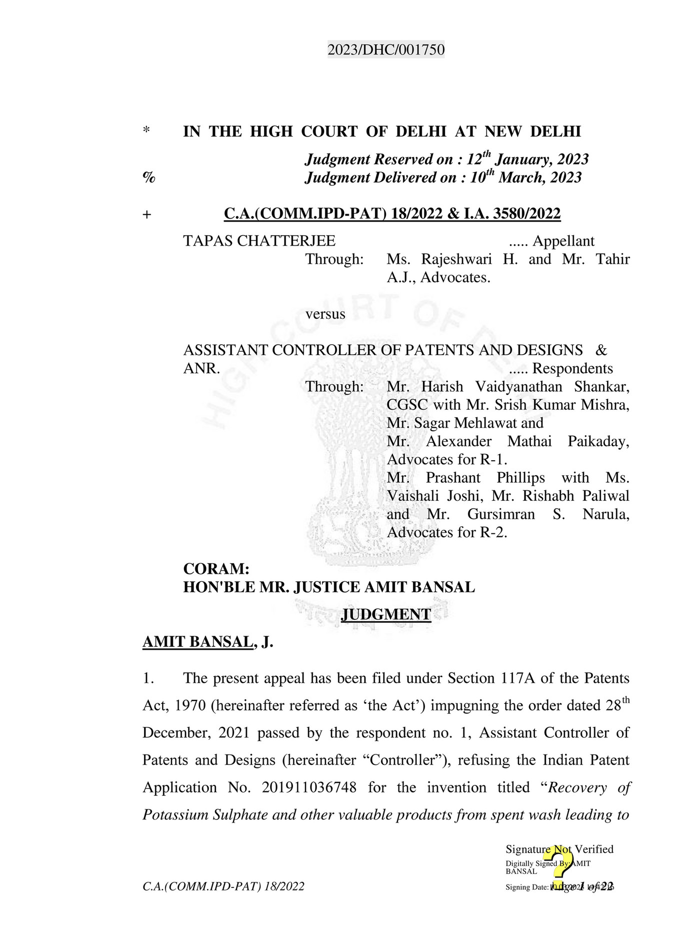 AJAY AMITABH SUMAN - Tapas Chatterjee Vs Assistant Controller of Patent ...