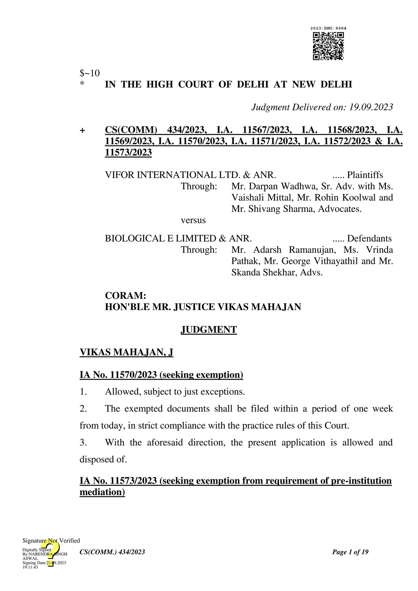 AJAY AMITABH SUMAN Vifor International Ltd. & Anr. vs Biological E