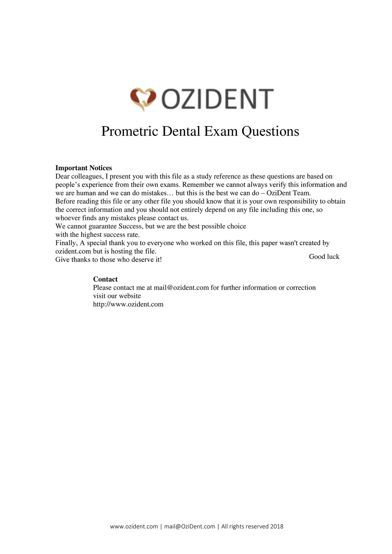 My publications Prometric Dental Exam Sample Questions By Dr. Shada