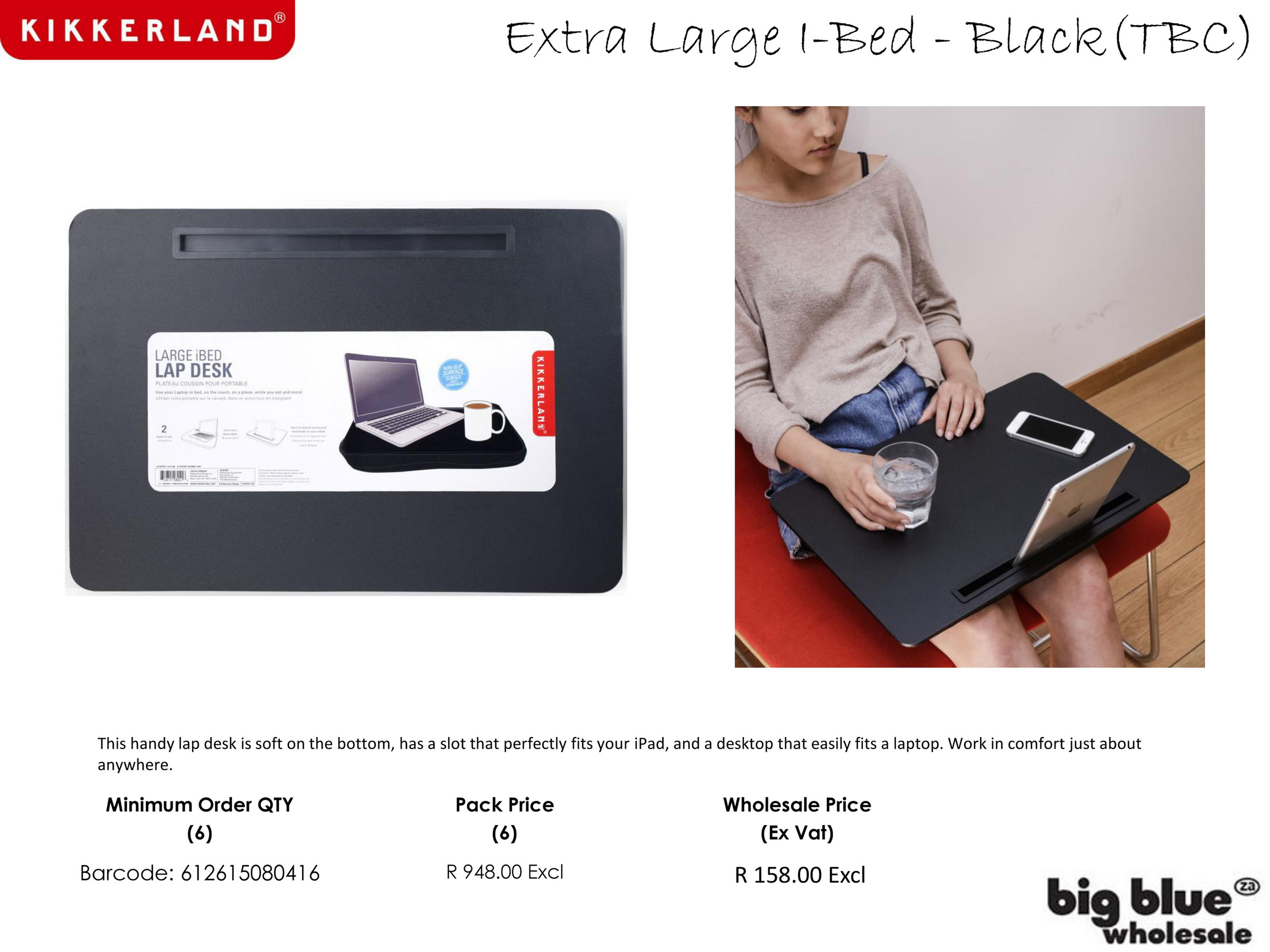 Kikkerland iBed Extra Large Lap Desk W/ Tablet & Phone Holder - Black