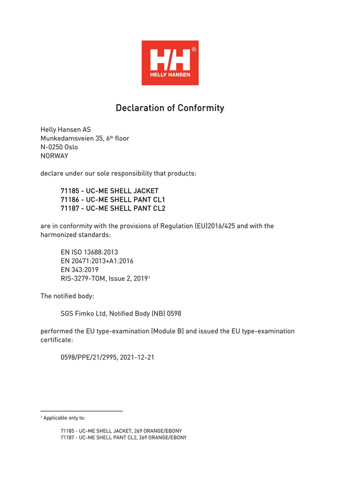 Helly Hansen AS - DoC - UC-ME SHELL - 71185, 71186, 71187 - Page 1