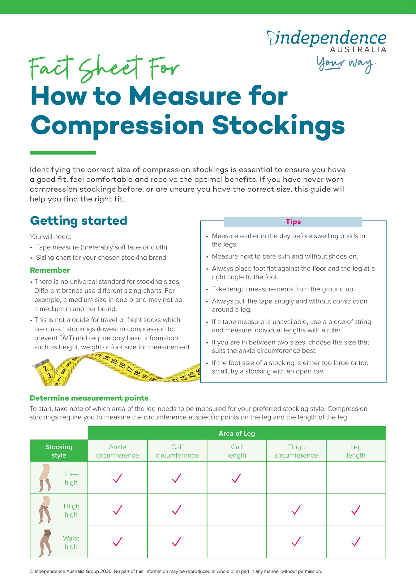 Independence Australia - How to Measure Compression Stockings - Page 1