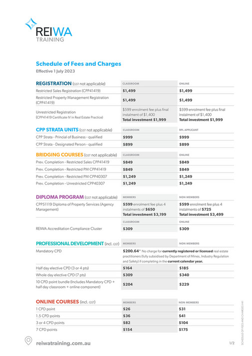 REIWA training_schedule_of_fees_and_charges Page 1