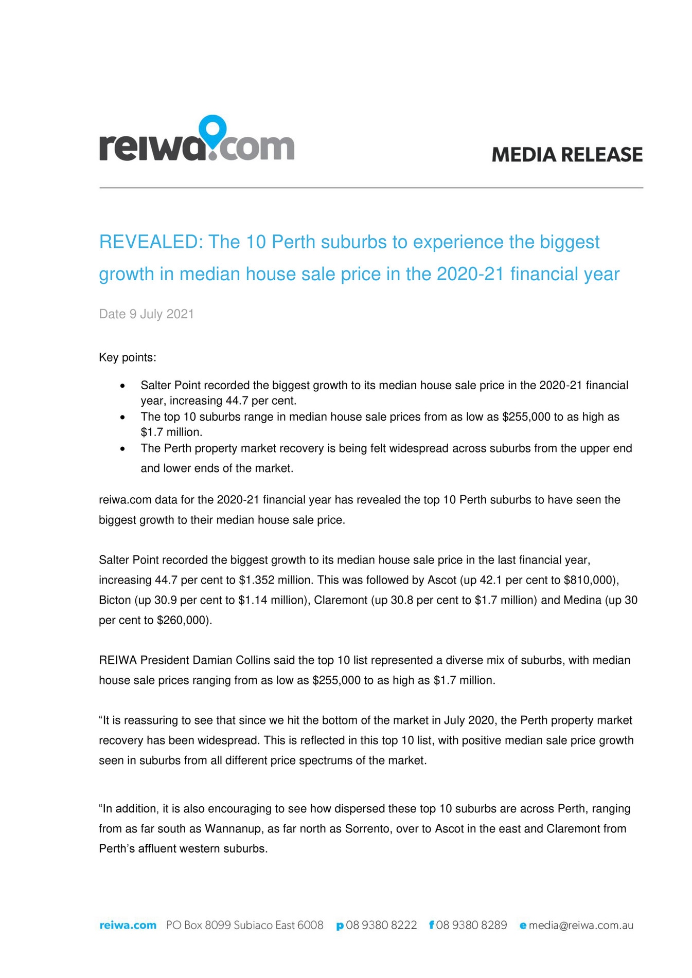 REIWA REVEALED The 10 Perth suburbs to experience the biggest growth
