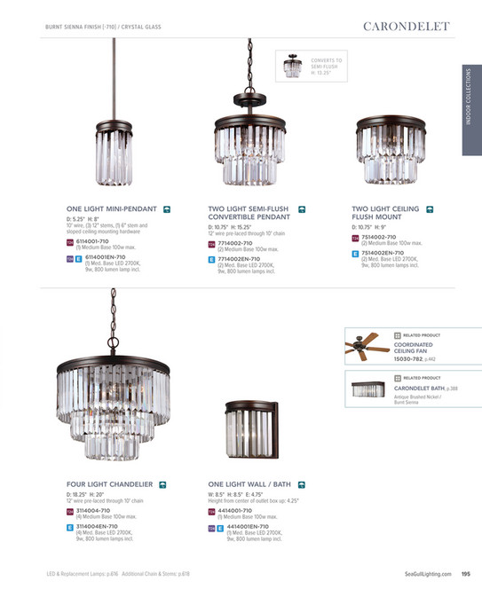 Visual Comfort Group Sea Gull Lighting 2018 Full Line Catalog Carondelet Burnt Sienna Finish 710 Crystal Glass One Light Mini Pendant D 5