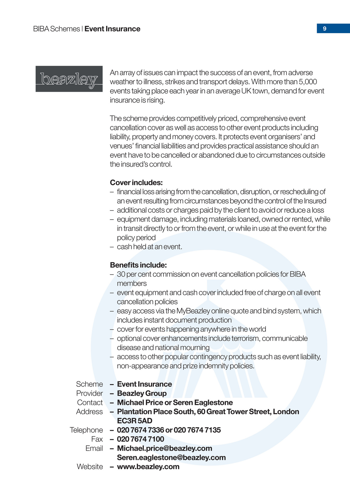 Biba Schemes And Facilities 2017 Page 8 9 Event Insurance Beazley Group Michael Or Seren Eaglestone Plantation Place South 60 Great Tower Street London Ec3r 5ad
