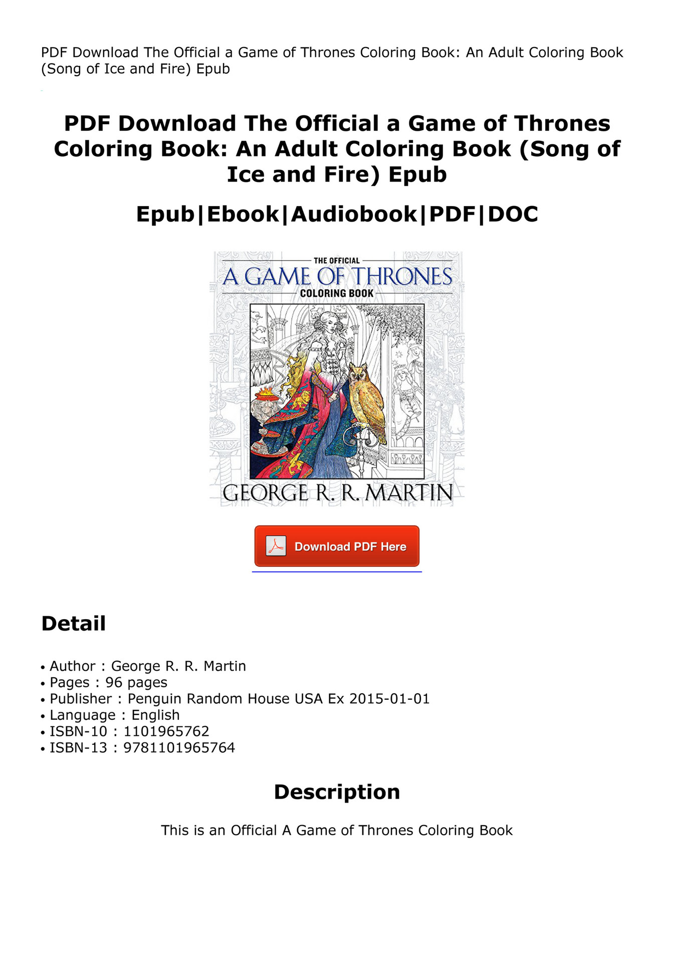 Costijudre Pdf The Official A Game Of Thrones Coloring